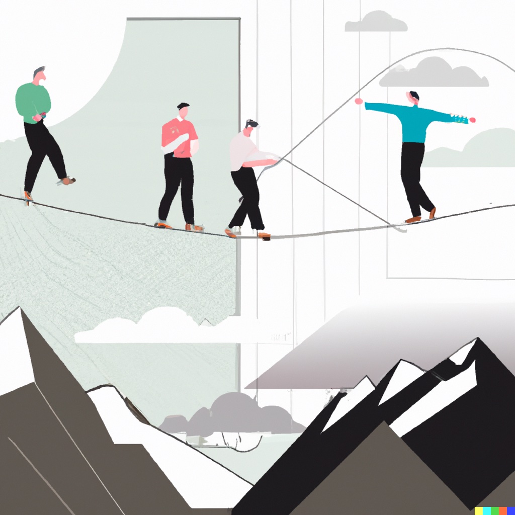 DALL·E illustration of a software engineering team balancing on a tightrope over a majestic mountain range in minimalistic style